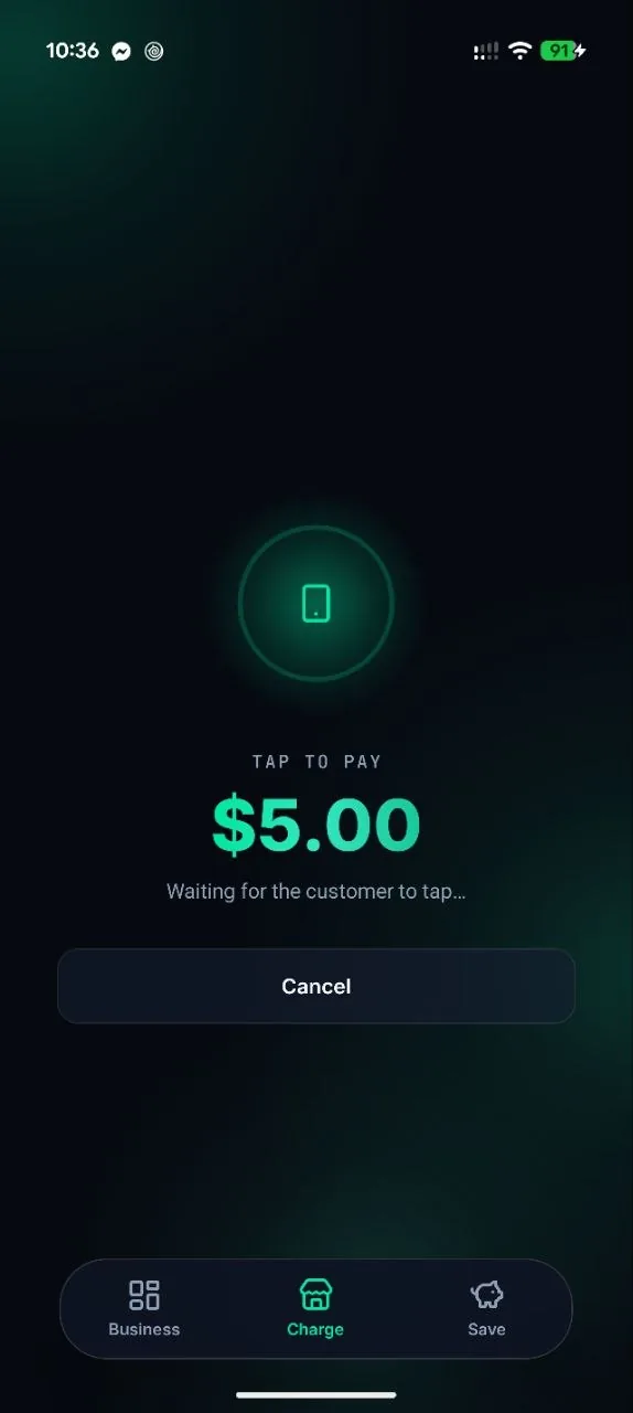 Brisk merchant charge screen waiting for the customer to tap, showing a $5.00 amount