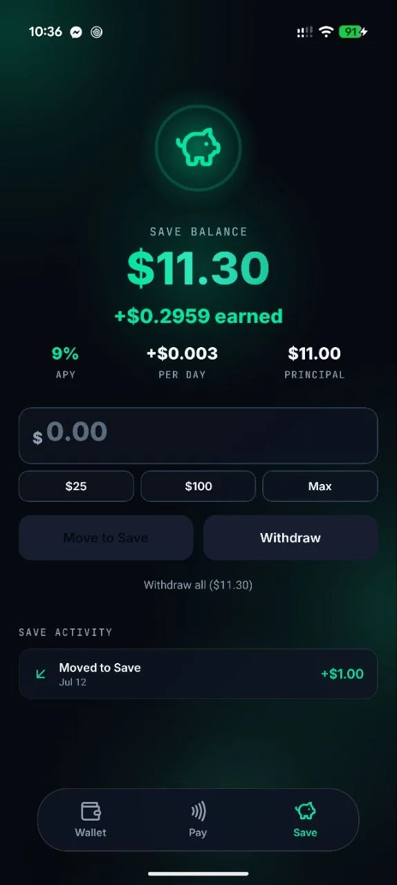 Brisk Save screen showing a balance earning 9% APY with principal and daily earnings