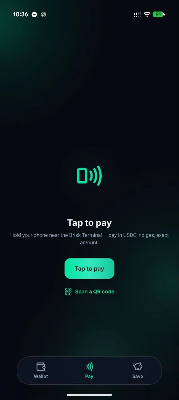 Brisk tap-to-pay screen: hold your phone near the terminal or scan a QR code to pay in USDC